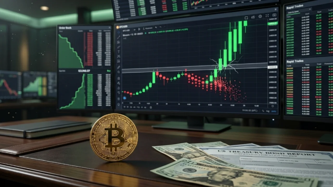 Mesa de trading com monitores mostrando gráfico de candles verdes em alta, moeda de Bitcoin e dólares sobre relatório do Tesouro dos EUA.