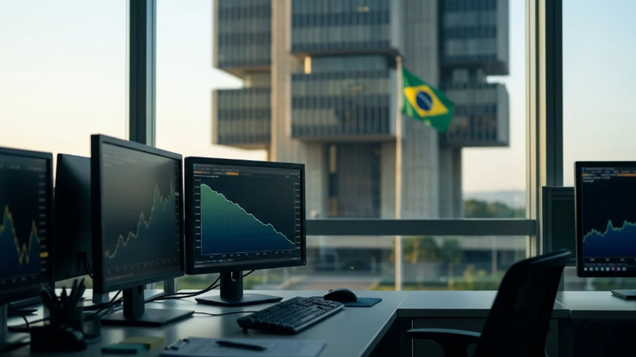 Mesa de operações financeiras com monitores exibindo gráficos de mercado, com destaque para uma tela exibindo curva descendente. Ao fundo, através de uma grande janela panorâmica, observa-se o edifício-sede do Banco Central do Brasil em Brasília com a bandeira do Brasil hasteada.