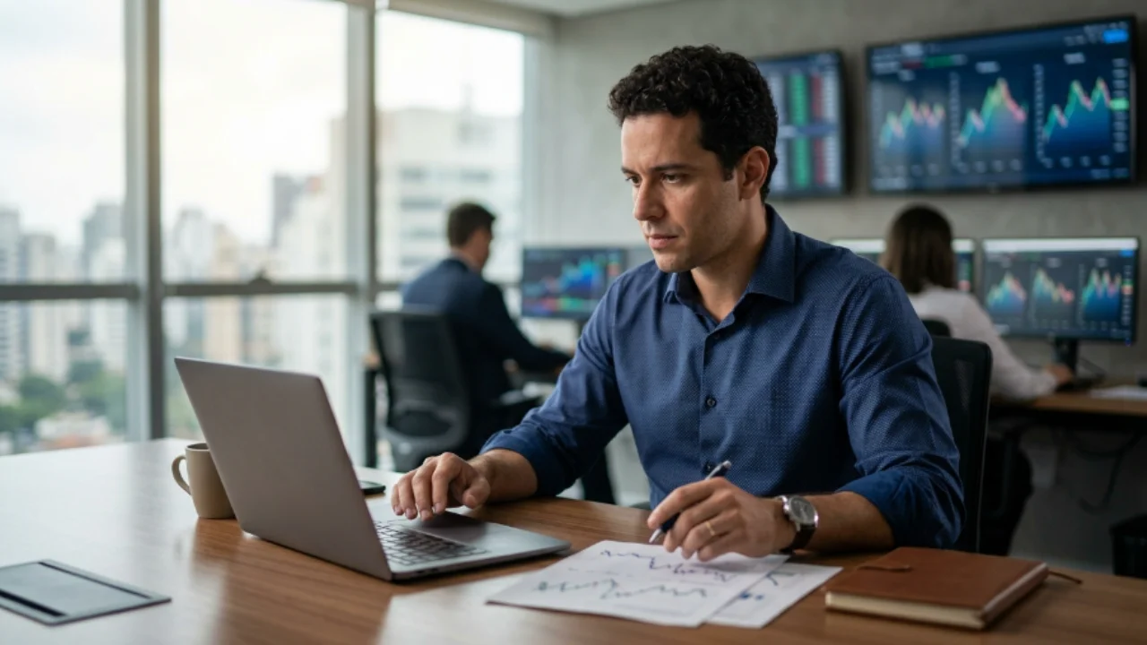 Analista financeiro em mesa de operações avaliando gráficos de mercado para a estratégia Trade dos 100 Dias da EQI Research.