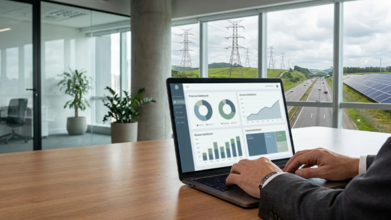 Notebook com gráficos de alocação de carteira de investimentos em mesa corporativa, com paisagem de torres de energia, rodovia e energia solar ao fundo.