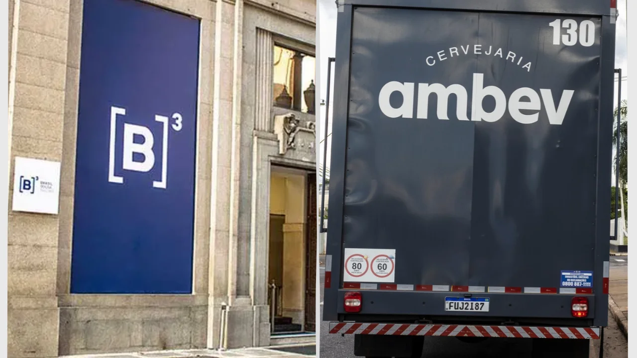 Fachada da B3 ao lado de caminhão da Ambev em ilustração sobre a estratégia de long & short entre BOVA11 e ABEV3 da EQI Research.