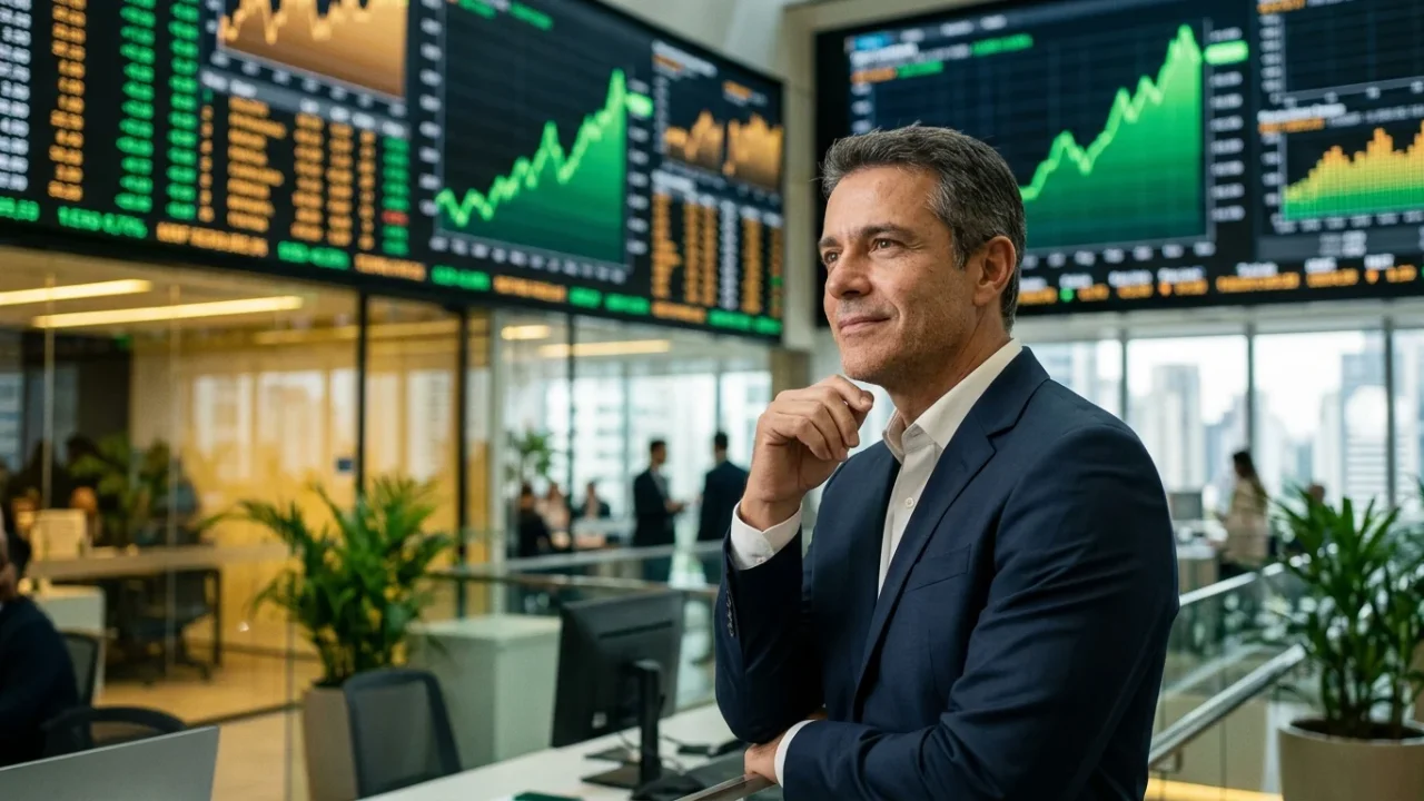 Investidor de terno escuro e camisa branca sorri confiante em um ambiente corporativo com painéis e monitores ao fundo exibindo gráficos verdes de alta, ilustrando o recorde do Ibovespa hoje.