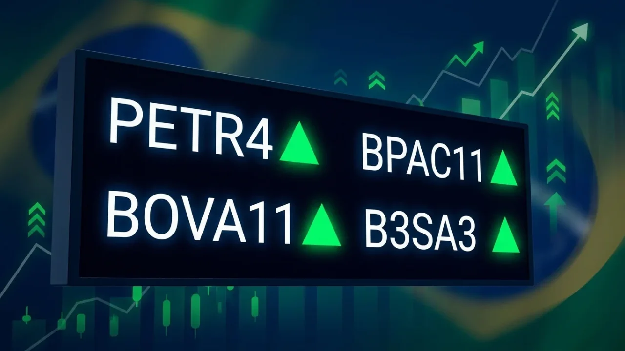 Painel de cotações exibe PETR4, BPAC11, BOVA11 e B3SA3 em forte alta com fundo de gráfico financeiro e bandeira do Brasil após o 1º turno das eleições.