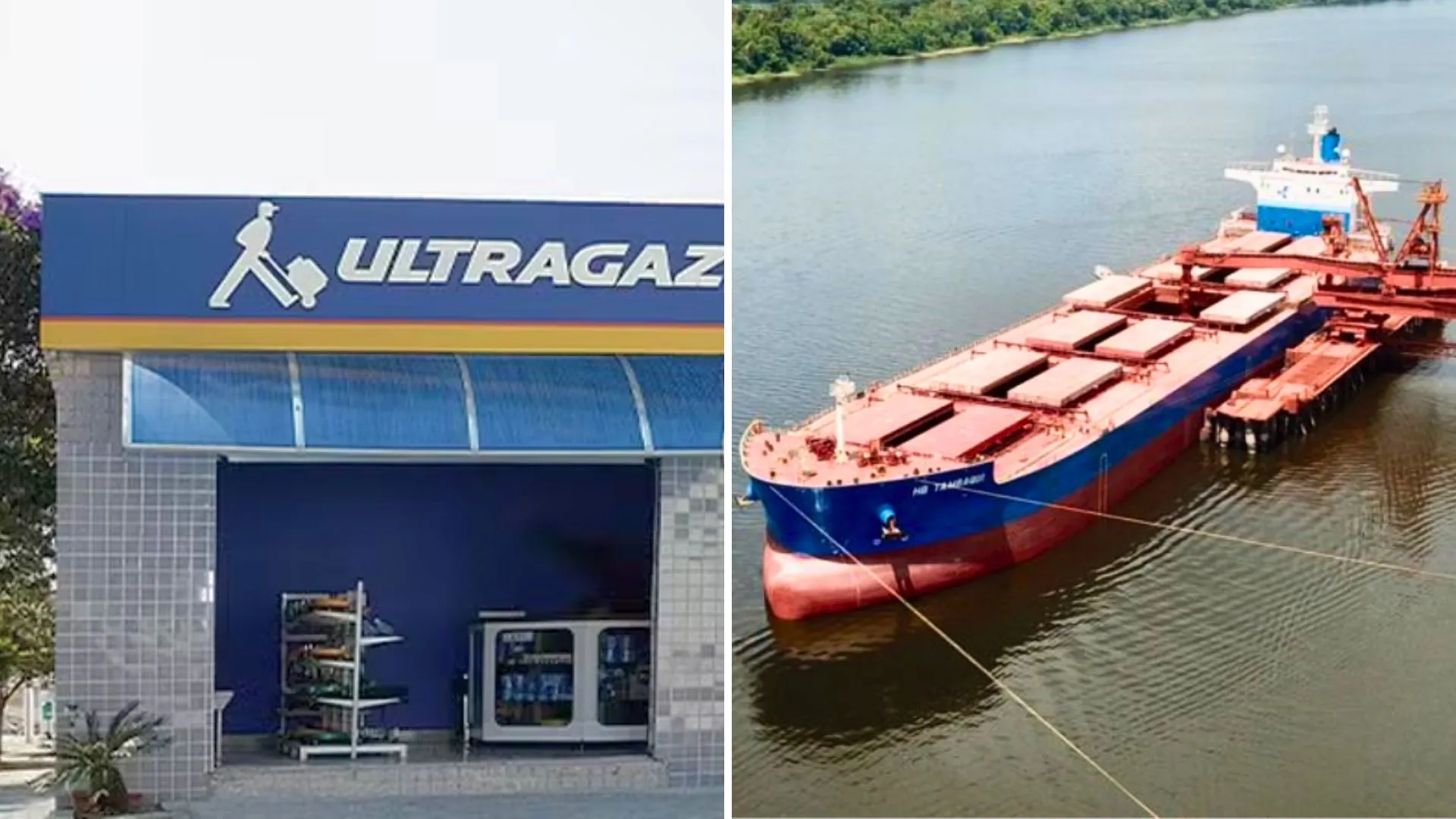 Ponto de venda da Ultragaz e navio de transporte da Hidrovias do Brasil