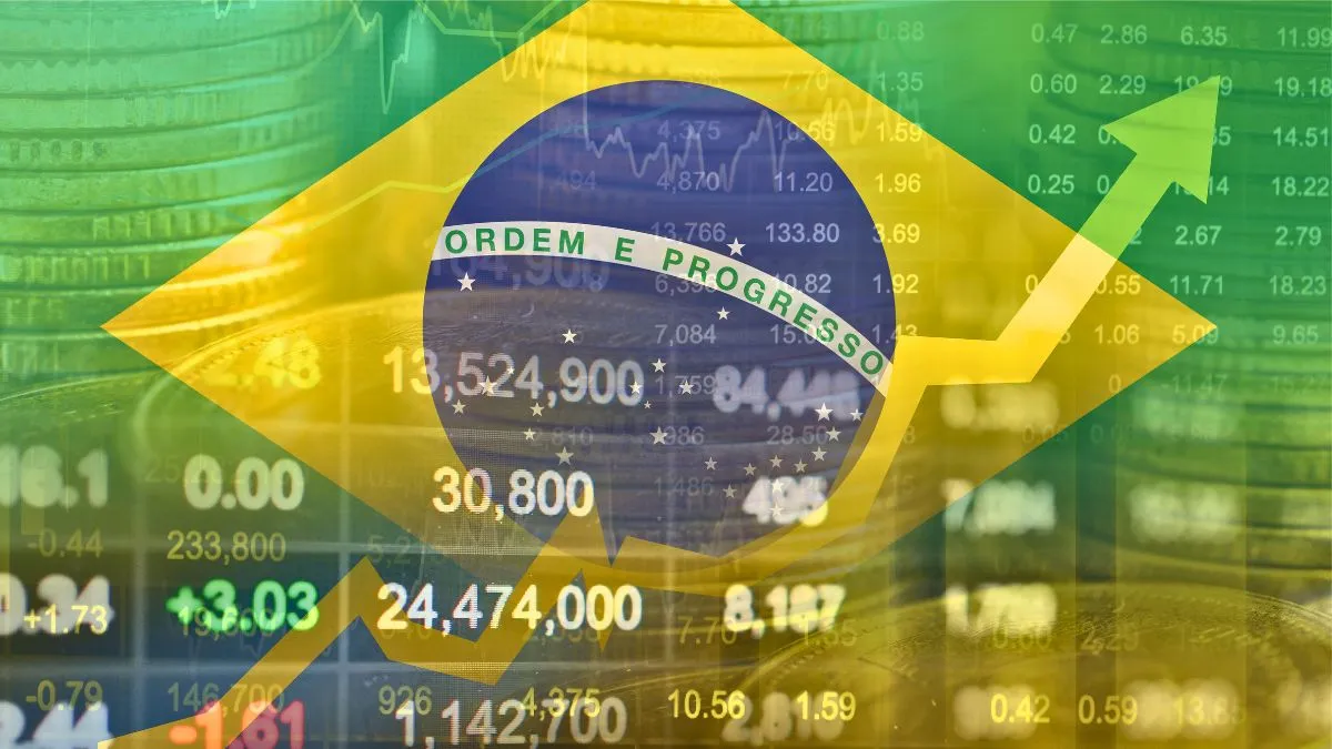 Bandeira do Brasil com gráficos financeiros e seta de alta, representando um mercado "barato demais".