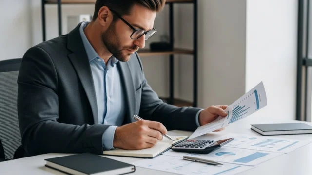 Homem de terno e óculos revisando documentos financeiros com uma calculadora sobre a mesa, representando a análise do consórcio como alternativa estratégica ao crédito caro.