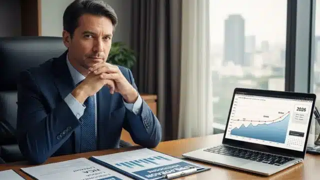 Retrato de um homem em traje social sentado em um escritório moderno, representando o perfil do investidor private e sua estratégia defensiva para o ano de 2026.