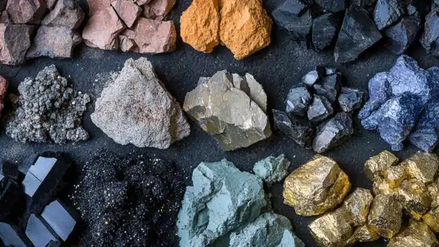Fragmentos de minerais e rochas de diversas cores sobre um fundo escuro, representando as terras raras vitais para os setores de tecnologia e energia limpa.