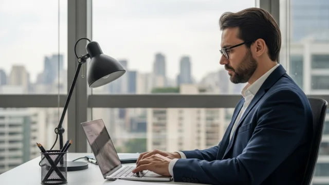 Investidor de alta renda em seu escritório investindo unforgettable 7 do Brasil