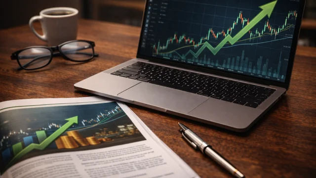 Notebook aberto em uma mesa de madeira exibindo gráfico de velas (candlestick) em ascensão, ao lado de um relatório impresso com seta de alta, representando a estratégia de uma carteira dividendos.