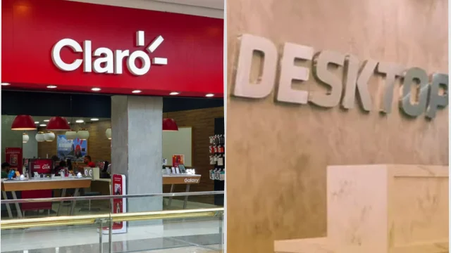 Imagem dividida mostrando, à esquerda, a fachada de uma loja física da Claro em um shopping e, à direita, o logotipo metálico da Desktop em uma parede interna, representando a parceria ou comparação entre Claro e Desktop.