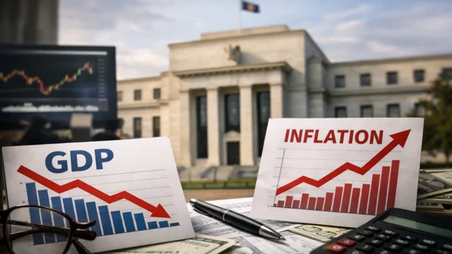 Gráficos comparativos em primeiro plano mostrando o PIB em queda e a inflação PCE em alta, com o edifício do Federal Reserve (Fed) ao fundo, ilustrando o dilema do pib e pce dos eua.