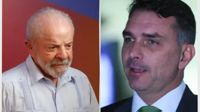 Montagem lado a lado com retratos de Luiz Inácio Lula da Silva à esquerda e Flávio Bolsonaro à direita, ilustrando o cenário de empate na pesquisa genial/quaest.