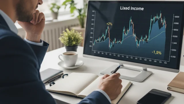 Vista lateral de um homem de terno e gravata sentado em uma mesa de escritório branca, analisando um gráfico financeiro complexo com linhas verdes ascendentes na tela de um computador desktop, simbolizando a marcação a mercado.