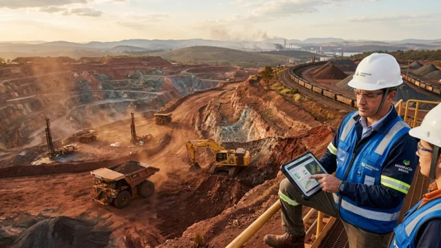 Dois engenheiros usando capacetes brancos e coletes de segurança observam uma vasta mina de extração a céu aberto com caminhões basculantes e escavadeiras, enquanto um deles aponta para um tablet com dados operacionais, ilustrando a mineração no Brasil.
