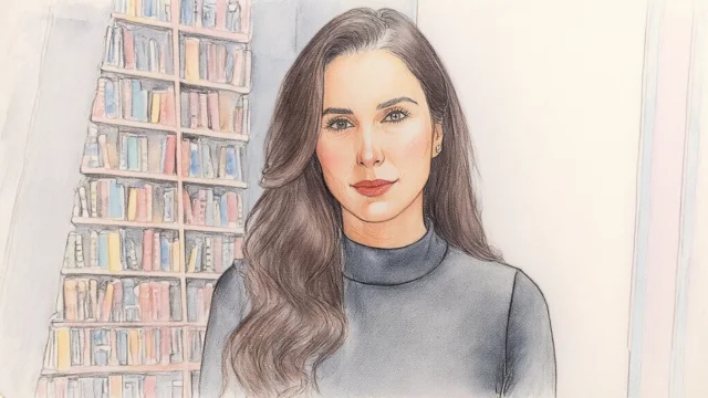 Ilustração em estilo desenho a lápis colorido de Paula Moraes, com longos cabelos castanhos ondulados e uma blusa de gola alta cinza escura, sorrindo suavemente em frente a uma estante de livros desfocada, representando a nova CEO da BM&C News.