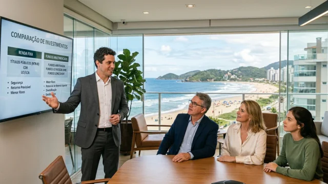 Assessor de investimentos em traje formal realizando apresentação em uma tela de TV sobre "Comparação de Investimentos" para uma família, com vista para o mar ao fundo, ilustrando a dúvida entre renda fixa ou multimercado.