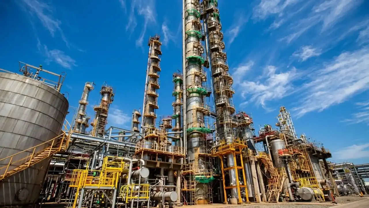 Vista de baixo para cima de uma unidade industrial da Braskem, mostrando grandes torres de destilação prateadas e estruturas metálicas complexas sob um céu azul intenso com nuvens esparsas.