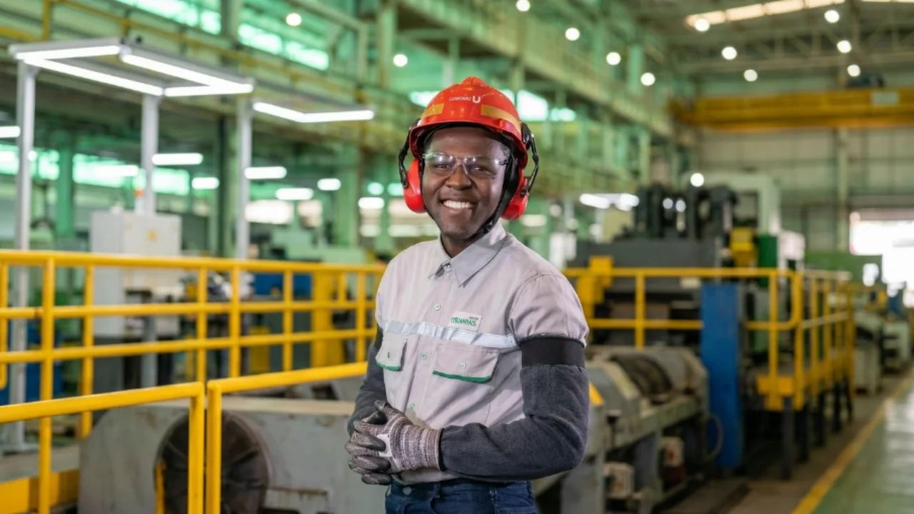 Retrato de um operário negro da Usiminas sorrindo no interior de uma usina siderúrgica. Ele veste um uniforme cinza com faixas refletivas, capacete vermelho com o logotipo da empresa e abafadores de ouvido. Suas mãos estão cruzadas com luvas de proteção. Ao fundo, estruturas industriais complexas e amarelas sob luzes de LED.