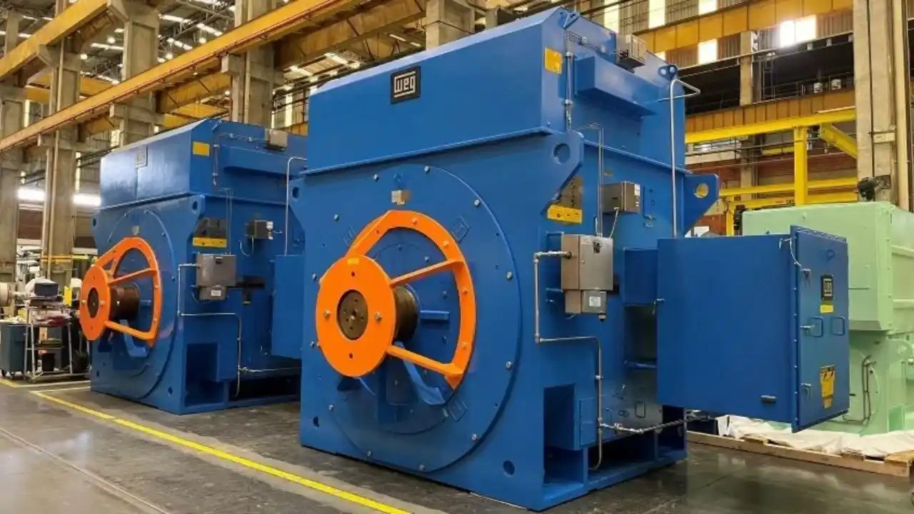 Três grandes motores elétricos industriais azuis e imponentes, alinhados no interior de uma fábrica da WEG. As máquinas possuem detalhes em laranja na parte frontal e painéis de controle, com a marca "WEG" visível no topo da unidade central. O chão possui faixas de segurança amarelas, e o ambiente de produção conta com estrutura de teto alta e iluminação industrial ao fundo.