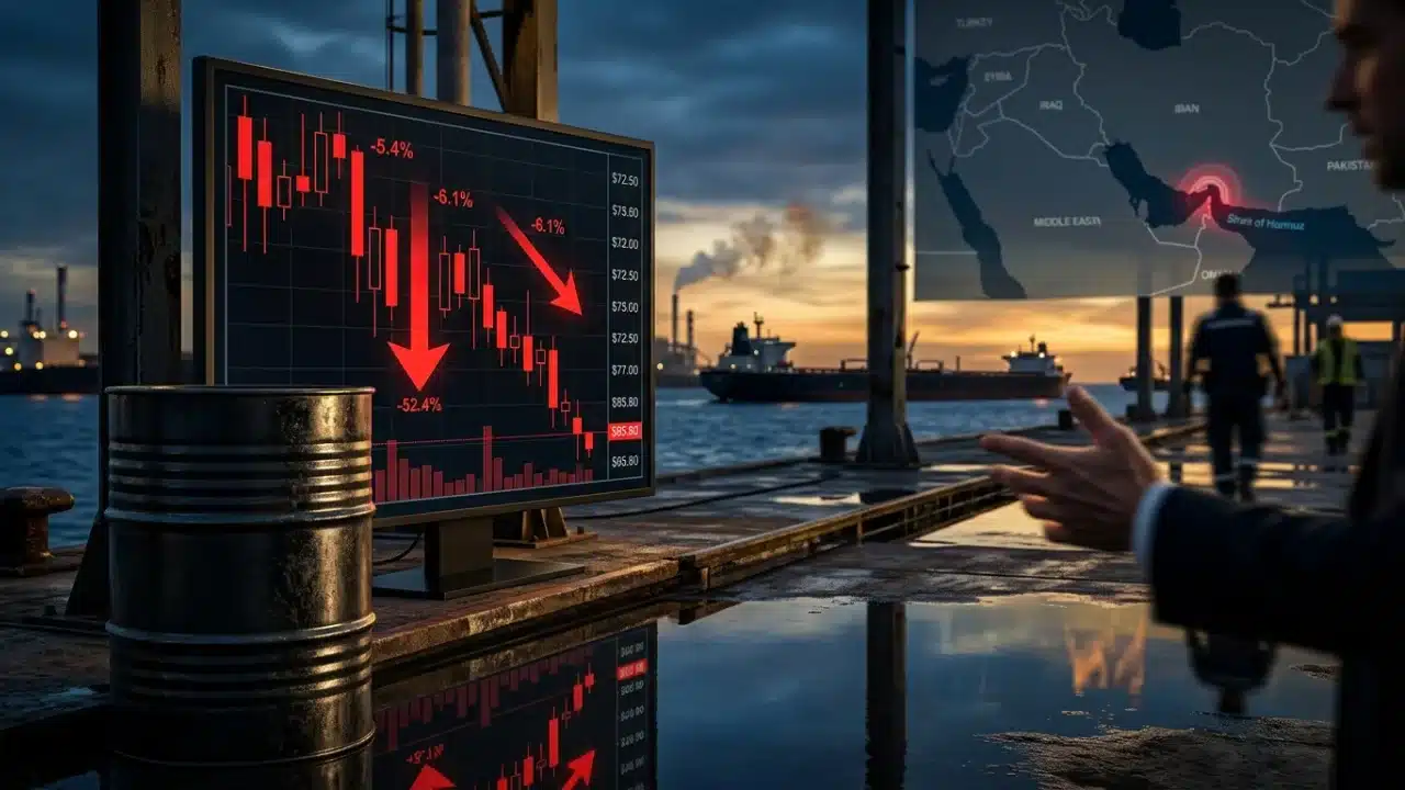 Um barril de petróleo preto enferrujado no chão molhado de um porto ao anoitecer. Ao lado, um grande monitor exibe um gráfico de barras vermelhas despencando e uma seta para baixo de -17.73%. Ao fundo, um porto com navios tanques desfocados e uma tela suspensa mostrando o mapa do Estreito de Hormuz.