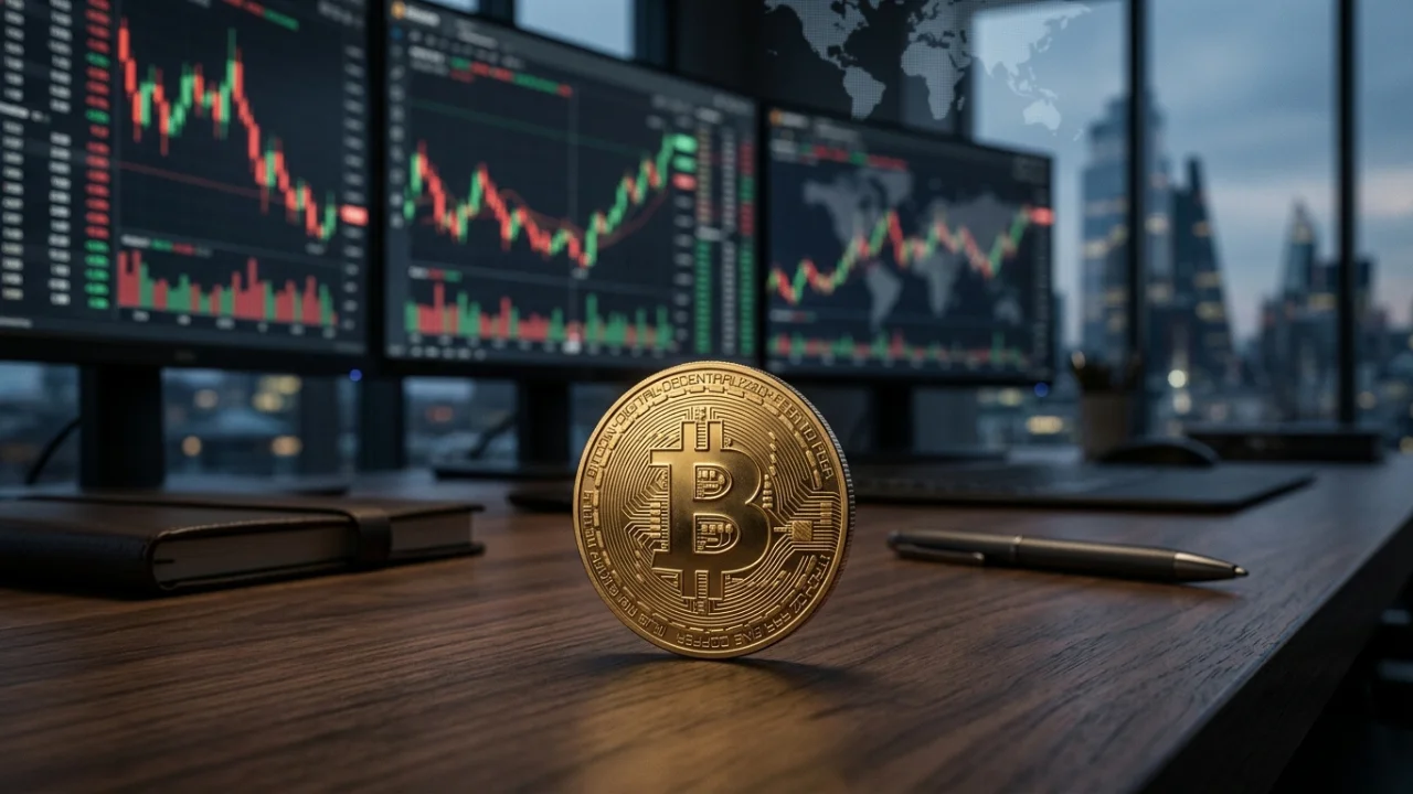 Moeda física dourada de Bitcoin (BTC) em pé sobre uma mesa de madeira escura. Ao fundo, três monitores profissionais exibem gráficos de velas (candlesticks) financeiros e um mapa-múndi digital, com o skyline de uma cidade iluminada visível através da janela ao fundo.