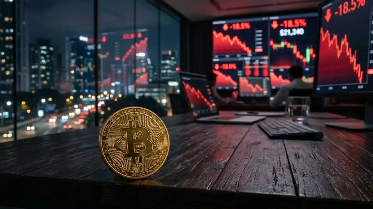 Close-up de uma moeda dourada de Bitcoin (BTC) em pé sobre uma mesa de madeira rústica em um escritório de trading à noite. Ao fundo, múltiplos monitores exibem gráficos de candlesticks em queda acentuada com sinalizações vermelhas de "-18.5%" e "US$ 21.340". Através da janela, vê-se o tráfego de uma avenida urbana iluminada.