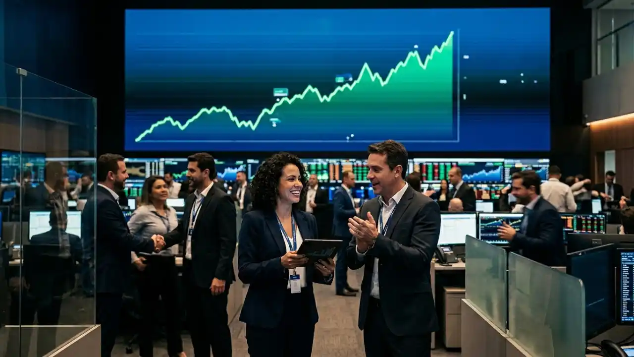 Monitor de alta tecnologia exibindo um gráfico de velas (candlesticks) verdes em forte subida, com o número 199.000 em destaque dourado, simbolizando o recorde histórico da Bolsa brasileira.