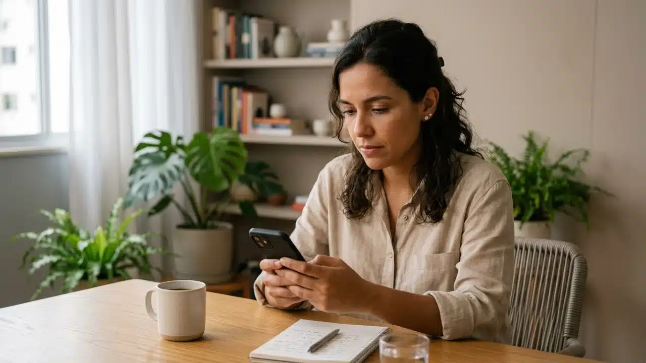 Mulher jovem de óculos e suéter cinza segurando um smartphone com expressão pensativa. Ao fundo, uma tela de computador exibe um dashboard financeiro com o gráfico "CDI %" e a palavra "LUCRO". Sobre a mesa, há uma xícara de café e um caderno, em um ambiente de home office iluminado pela luz natural.