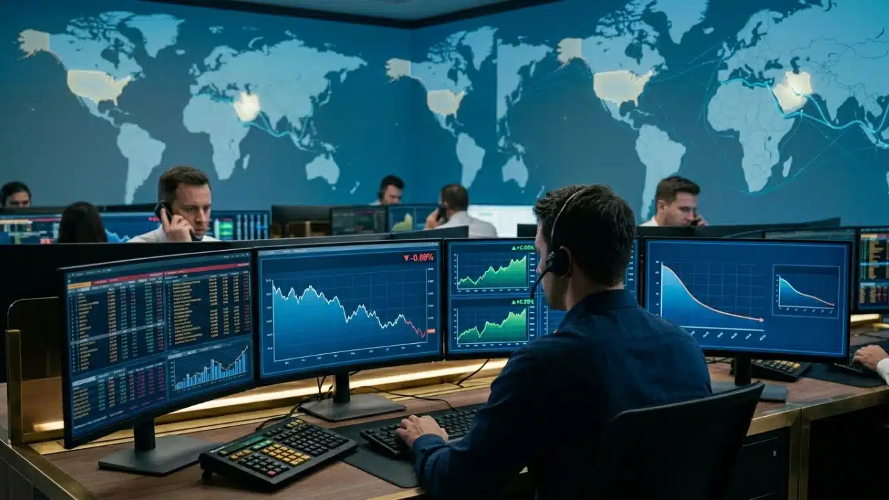 Vista das costas de um operador de mercado usando headset, focado em quatro monitores que exibem gráficos financeiros de alta e baixa. Ao fundo, uma parede com um grande mapa-múndi digital destacando rotas comerciais e outros analistas ao telefone em uma sala de controle escurecida.