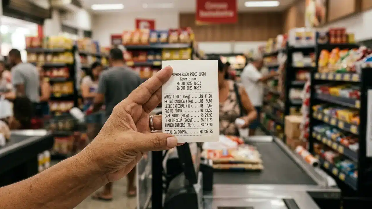 Close-up de uma mão segurando uma nota fiscal de supermercado em frente a prateleiras de produtos. O cupom exibe preços detalhados de itens básicos como Arroz (R$ 41,90), Feijão (R$ 9,80) e Leite (R$ 7,65), totalizando R$ 132,85. O fundo mostra o interior de um supermercado movimentado com pessoas fazendo compras.