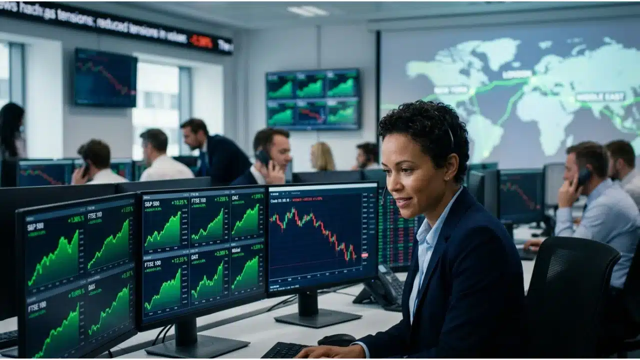 Uma analista financeira sorridente em uma mesa de operações moderna, observando monitores que exibem gráficos de ações em verde com tendência de alta. Ao fundo, um grande mapa-múndi digital e outros operadores ao telefone, simbolizando a reação positiva dos mercados globais.