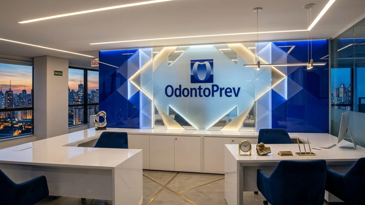 Visão ampla de um escritório corporativo moderno da Odontoprev com mesas brancas minimalistas e cadeiras de veludo azul. Ao fundo, um painel geométrico iluminado exibe o logotipo da Odontoprev à frente de uma grande janela com vista para o skyline de uma cidade ao pôr do sol.