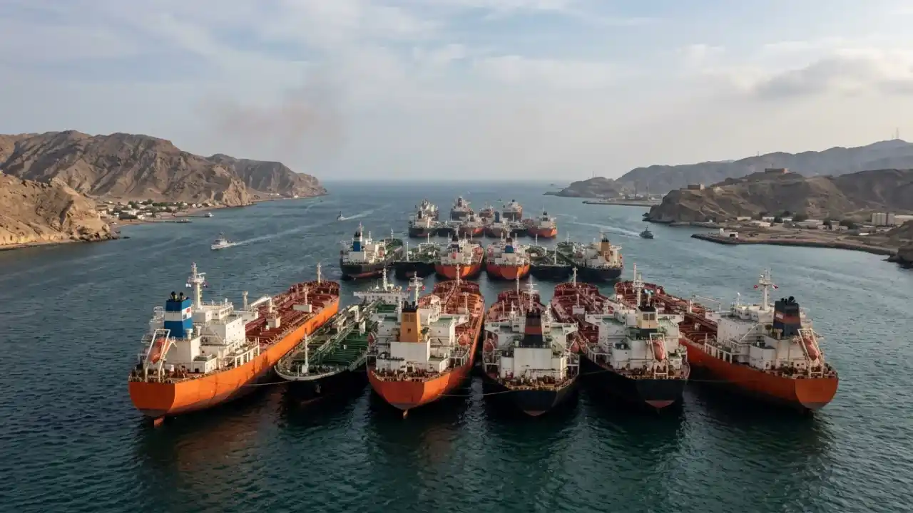 Vista aérea de dezenas de navios petroleiros gigantes de cores laranja, vermelho e preto, ancorados ou navegando em fila indiana por um canal estreito cercado por montanhas áridas e rochosas. O céu está levemente nublado, refletindo uma luz suave sobre o oceano azul.
