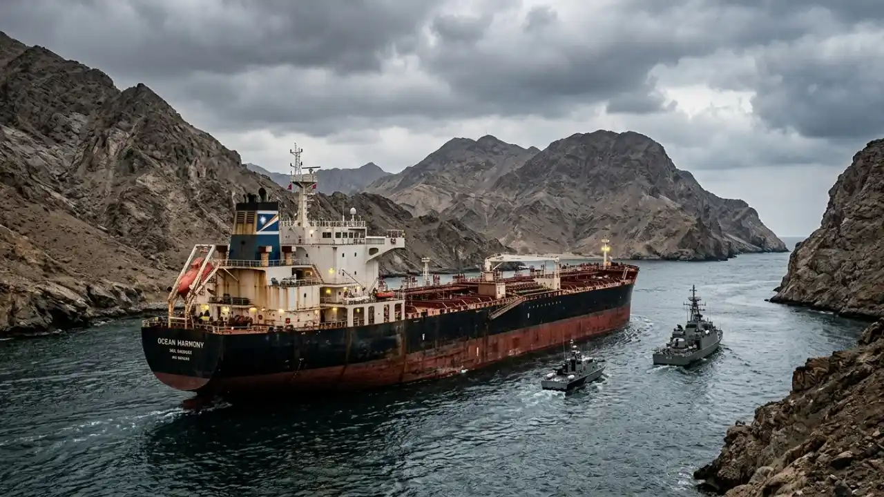 Vista aérea de um grande navio petroleiro mercante chamado "Ocean Harmony" navegando por um canal estreito cercado por montanhas áridas. O navio é escoltado por duas pequenas embarcações militares sob um céu nublado e denso.