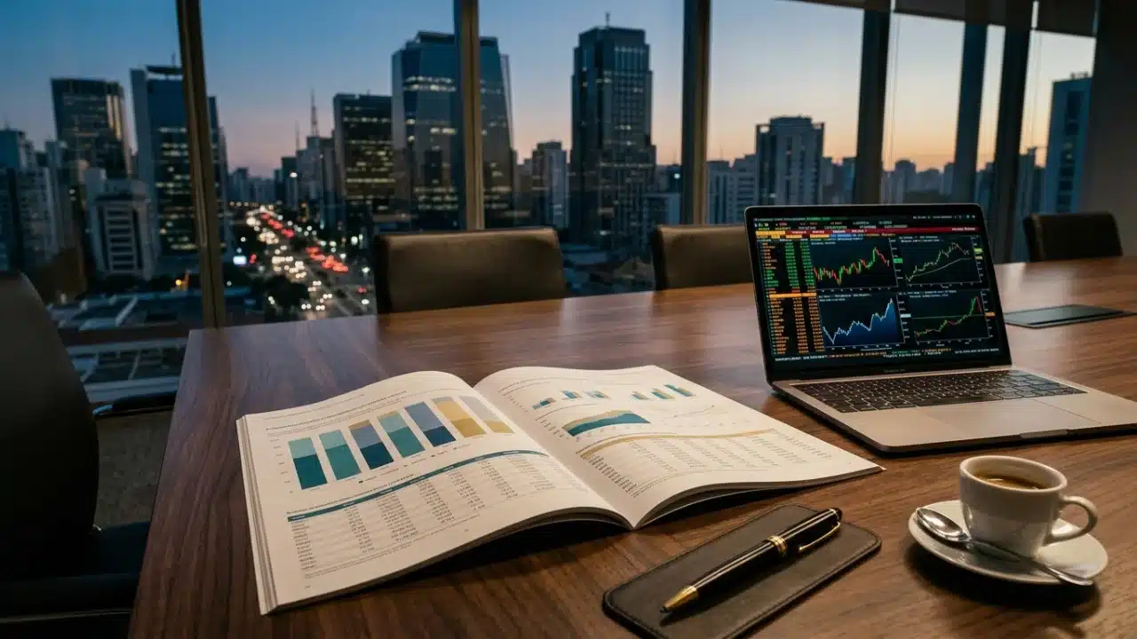 Vista de uma sala de reuniões executiva ao entardecer, com janelas do chão ao teto revelando o skyline de uma metrópole iluminada. Sobre a mesa de madeira, um notebook exibe gráficos de ações em tempo real e um relatório impresso aberto mostra gráficos de barras coloridos e tabelas de desempenho. Uma xícara de café e uma caneta de luxo completam a cena profissional.