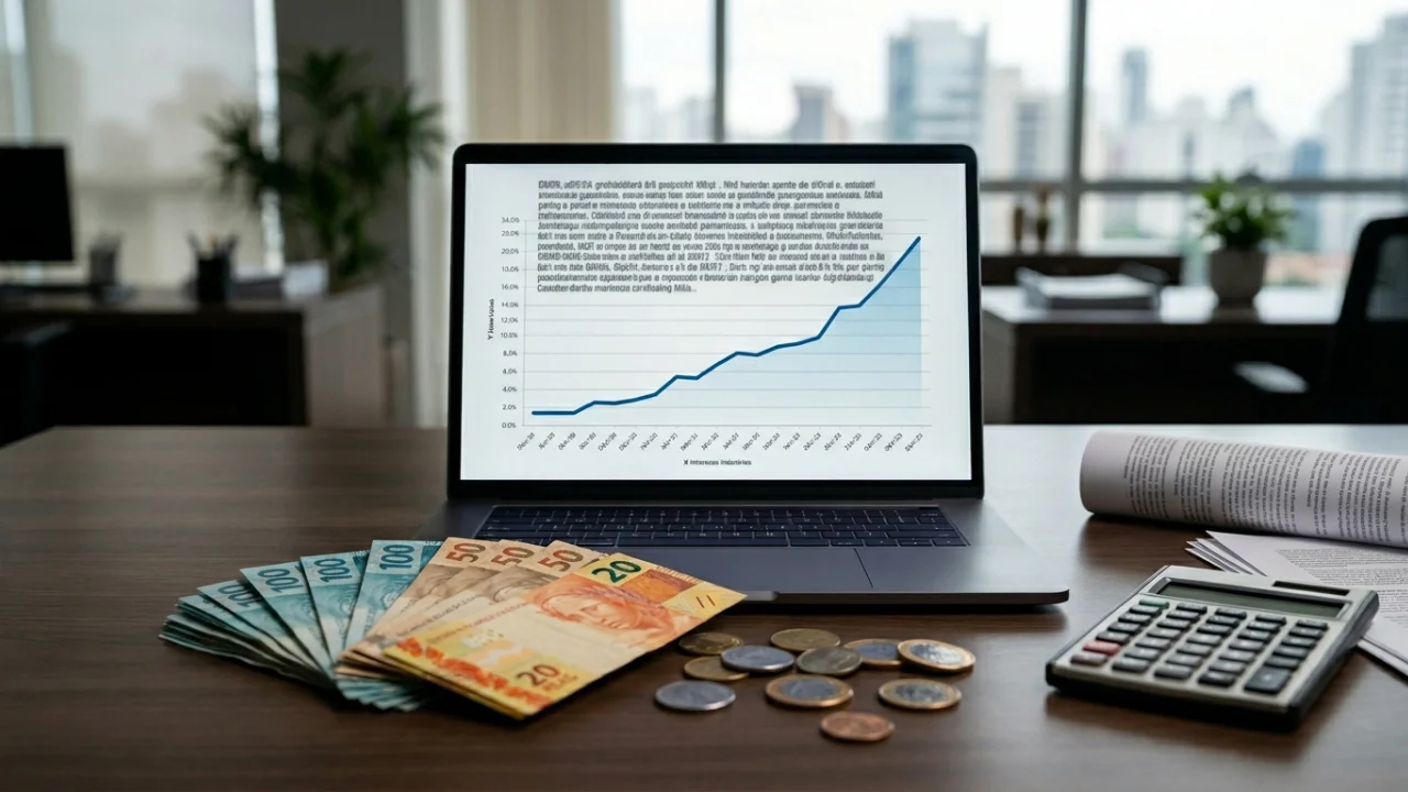 Um notebook aberto sobre uma mesa de madeira exibe um gráfico de linha azul em forte ascensão. À frente do computador, há um leque de notas de Real (100, 50 e 20), diversas moedas espalhadas, uma calculadora e documentos impressos, com um escritório moderno e janelas de vidro ao fundo.