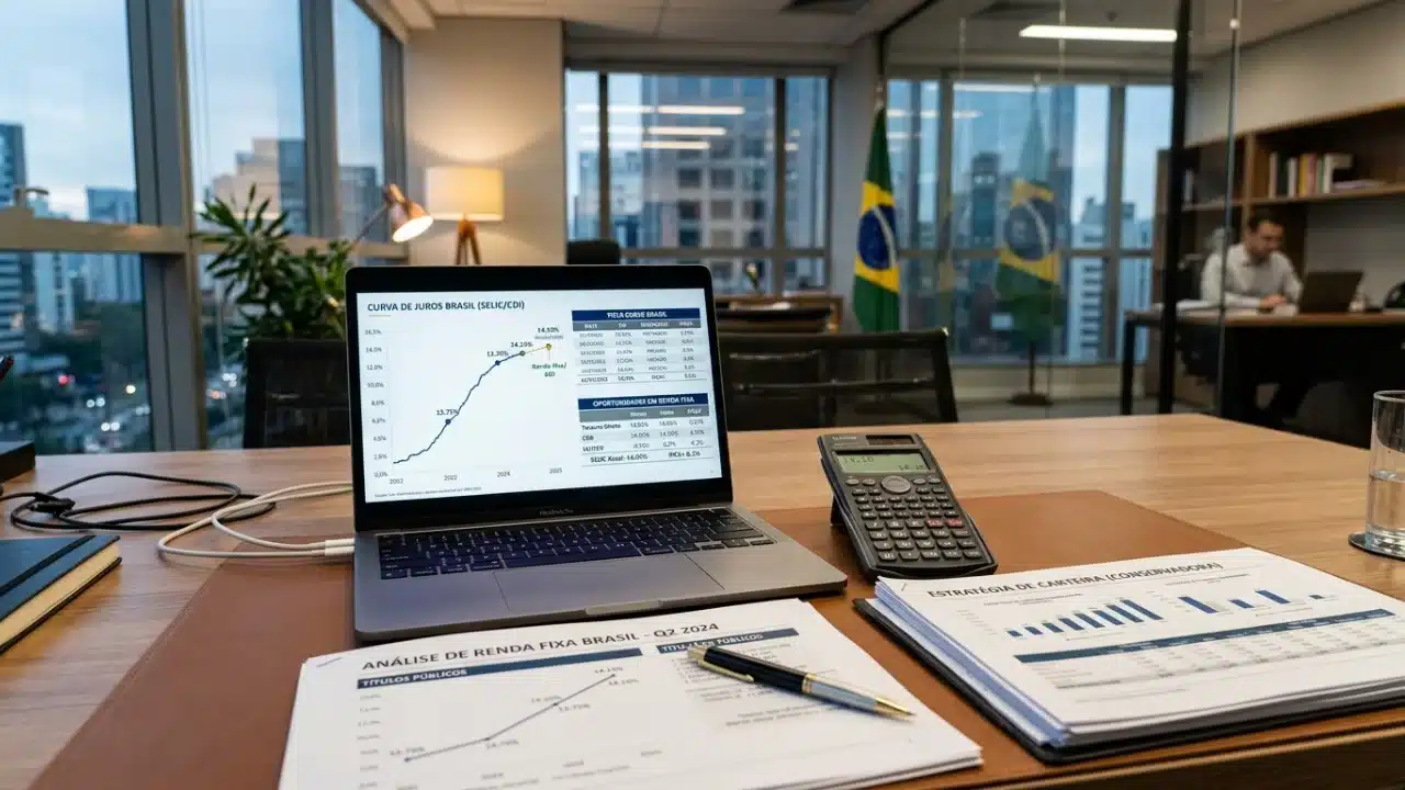Mesa de escritório em madeira com um notebook aberto exibindo um gráfico da "CURVA DE JUROS BRASIL (SELIC/CDI)" em trajetória ascendente. Sobre a mesa, há uma calculadora financeira, uma caneta executiva e documentos impressos com os títulos "ANÁLISE DE RENDA FIXA BRASIL - Q2 2026" e "ESTRATÉGIA DE CARTEIRA (CONSERVADORA)". Ao fundo, janelas de vidro mostram o skyline de uma cidade e duas bandeiras do Brasil.