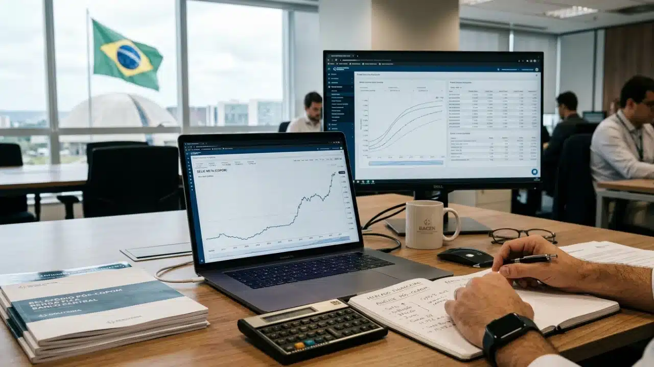 Visão em primeira pessoa de uma mesa de escritório organizada com um notebook exibindo um gráfico de linha ascendente intitulado "SELIC META (COPOM)". Ao lado, um monitor maior mostra gráficos de análise de renda fixa. Sobre a mesa, há uma calculadora financeira, uma caneta, um smartwatch no pulso de um analista e pilhas de documentos intitulados "Relatório Pós-Copom". Ao fundo, através de uma grande janela, vê-se a cúpula do Congresso Nacional e a bandeira do Brasil hasteada.