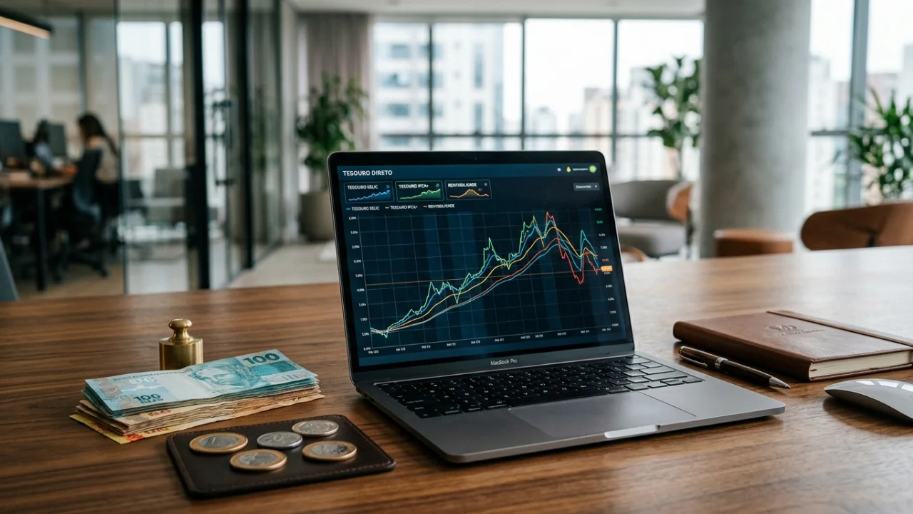 Vista focada nas mãos de um investidor manuseando um tablet que exibe gráficos de linhas financeiras. Ao lado, sobre uma mesa de madeira, há uma calculadora científica, um gráfico impresso com colunas coloridas e um smartphone mostrando cotações em tempo real.