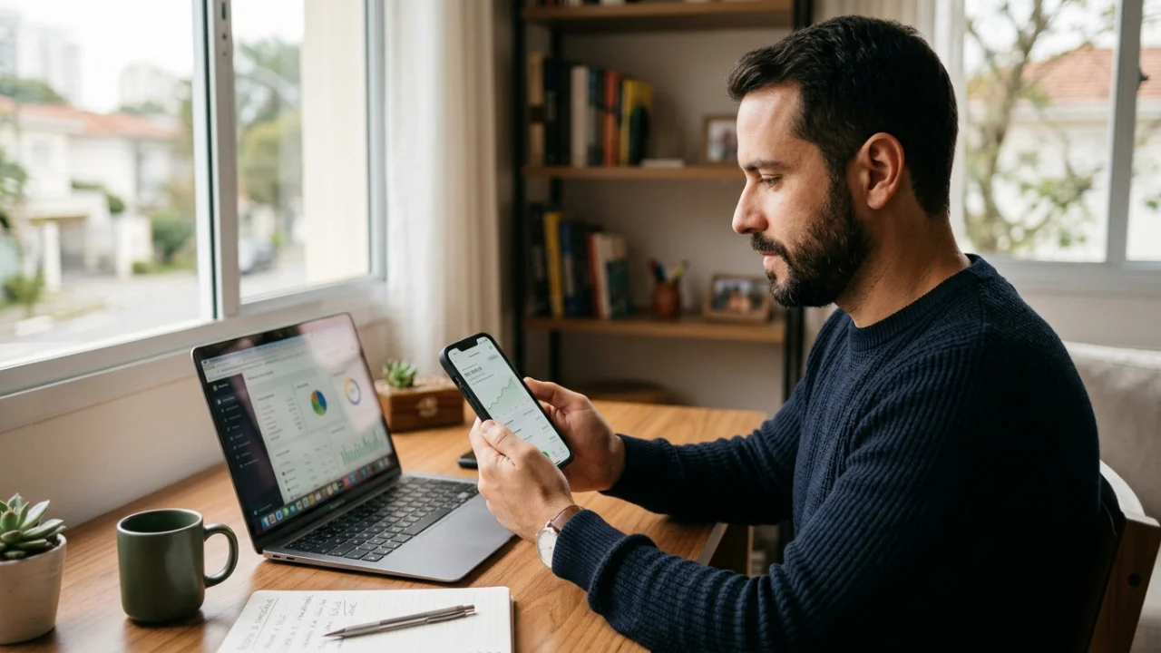 Homem jovem de barba e blusa de tricô escura sentado em seu escritório em casa, com vista para uma janela iluminada. Ele segura um smartphone que exibe um gráfico de linha verde ascendente, enquanto ao lado há um notebook aberto com um dashboard financeiro completo, incluindo gráficos de pizza e tabelas.