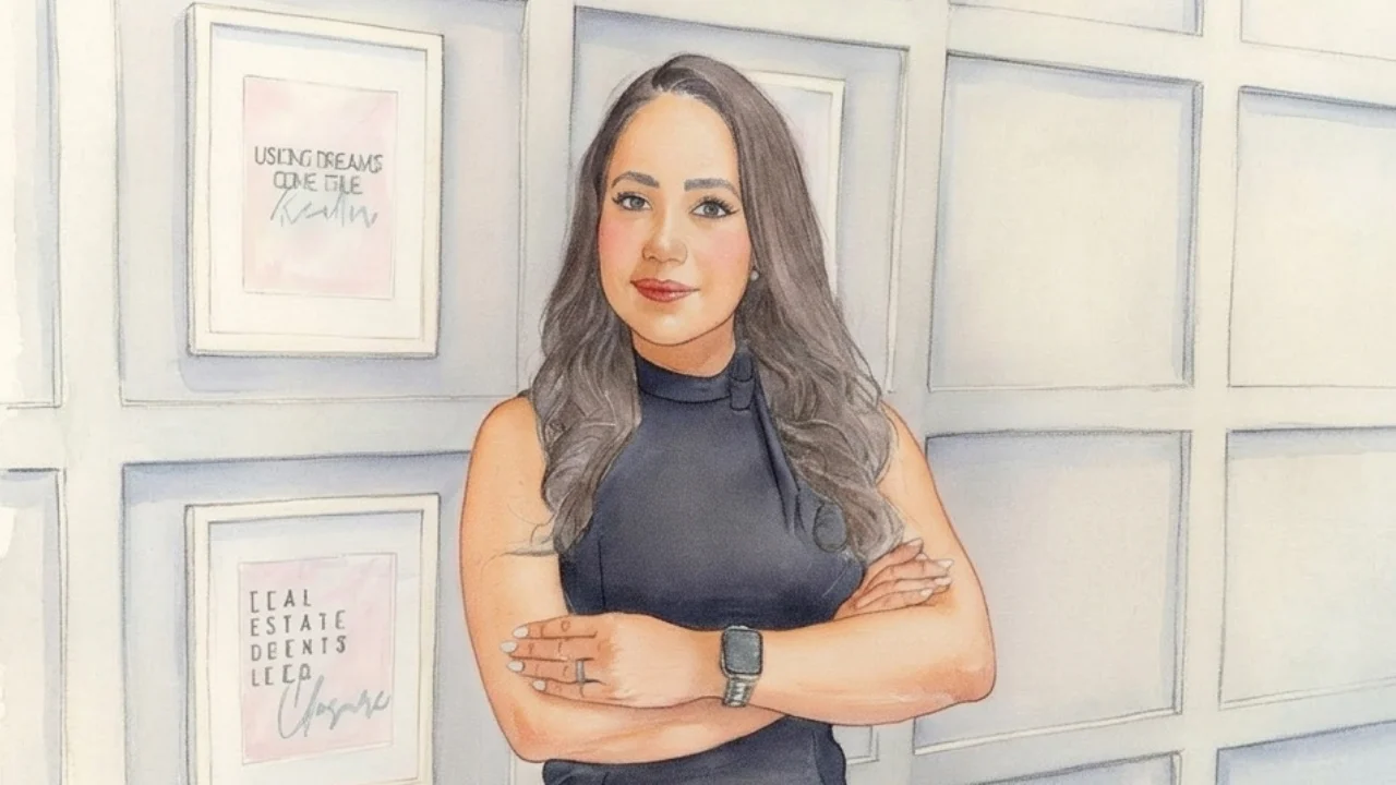 Ilustração artística de Gisele Kolbrich, fundadora da Top Florida Homes, posando com braços cruzados à frente de uma parede decorada com quadros em tons pastéis. Ela veste uma blusa preta de gola alta e usa um relógio inteligente. À esquerda, quadros exibem frases motivacionais em inglês sobre sonhos e o mercado imobiliário.