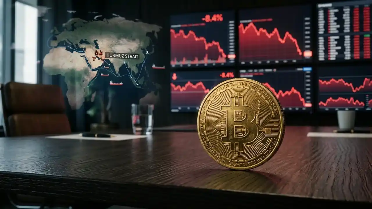 Uma moeda física de Bitcoin dourada em pé sobre uma mesa de madeira escura e polida, com reflexo nítido. Ao fundo, um ambiente de trading sofisticado com monitores múltiplos exibindo gráficos de velas (candlesticks) vermelhos e agressivos, indicando quedas acentuadas, com números como "-8,4%". À esquerda, uma projeção holográfica flutuante do mapa-múndi foca no Estreito de Ormuz, com a legenda "HORMUZ STRAIT" e ícones de barris de petróleo e navios petroleiros ao longo das rotas marítimas.