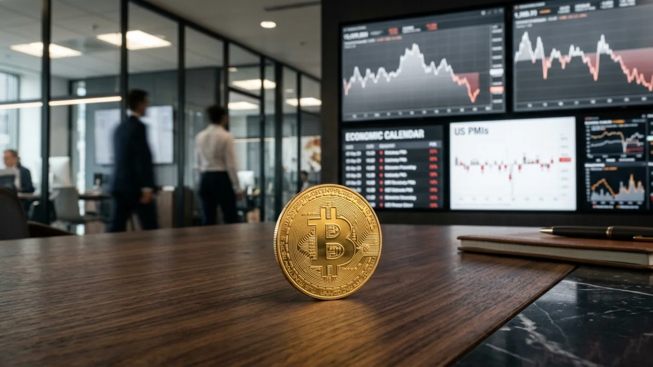 Uma moeda física dourada de Bitcoin (BTC) em pé sobre uma mesa de madeira de lei em um escritório moderno. Ao fundo, uma grande tela de monitor exibe um painel financeiro com gráficos de linha e barras, incluindo um calendário econômico com a inscrição "ECONOMIC CALENDAR" e "US PMIs". Através das paredes de vidro do escritório, veem-se vultos desfocados de profissionais caminhando.