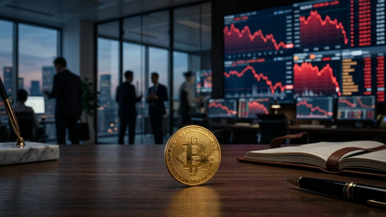 Moeda física dourada do Bitcoin posicionada verticalmente no centro de uma mesa de madeira escura. Em primeiro plano, à direita, um caderno aberto e uma caneta de luxo. Ao fundo, em um ambiente de escritório de trading sofisticado e escurecido, grandes monitores de parede e de mesa exibem gráficos de linhas e barras vermelhas em forte tendência de queda. Três profissionais em trajes corporativos conversam ao fundo, próximos a uma janela que mostra luz de fim de tarde.