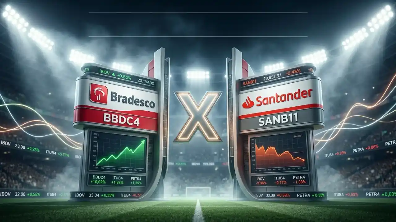 Gráfico estilizado em formato de arena esportiva comparando as ações do Bradesco (BBDC4) e do Santander (SANB11). À esquerda, o painel do Bradesco exibe um gráfico de velas verde em forte alta (+10,97%); à direita, o painel do Santander mostra um gráfico de velas vermelho em queda (-0,45%). No centro, um grande "X" dourado simboliza o duelo de mercado. O fundo simula um estádio lotado com placares eletrônicos exibindo outros tickers como ITUB4 e PETR4.