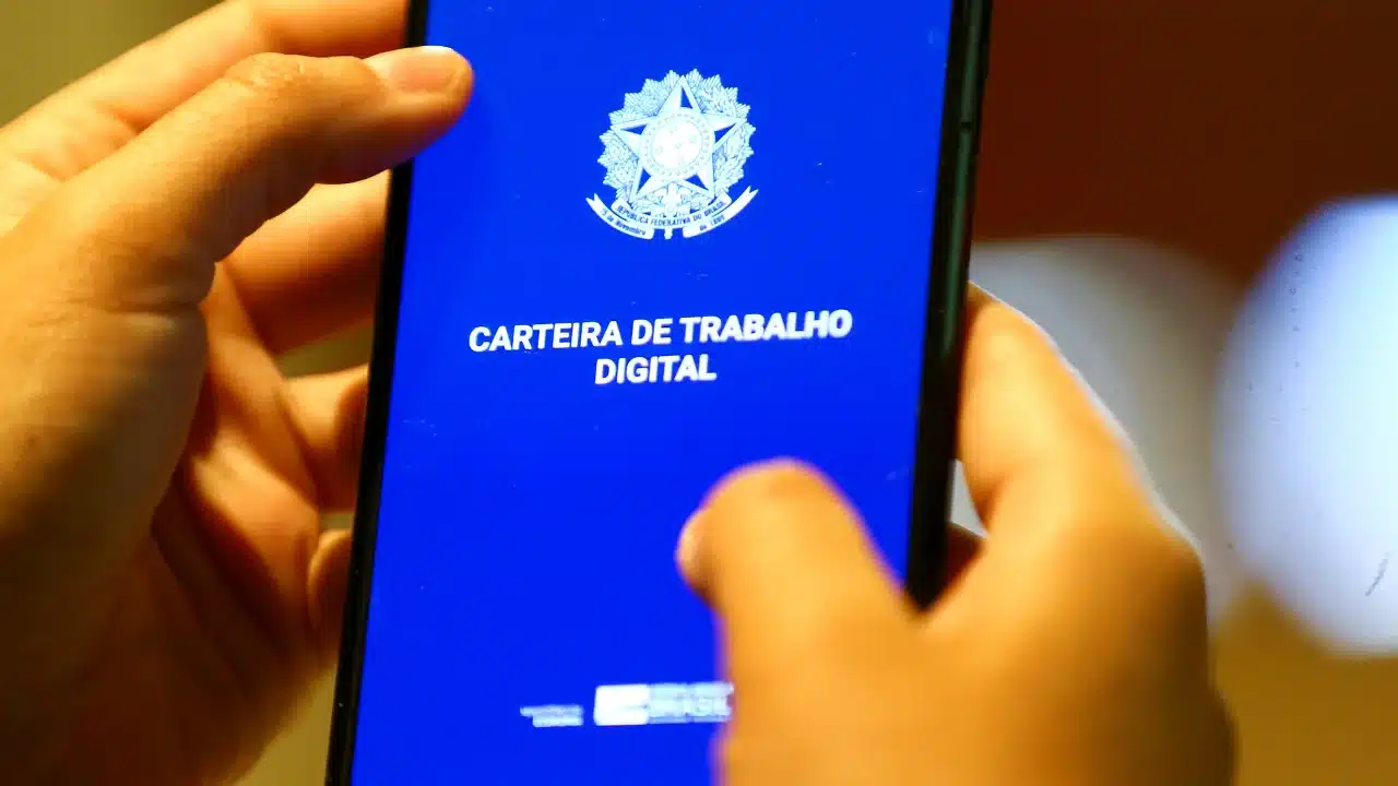 Close-up de uma Carteira de Trabalho e Previdência Social (CTPS) azul tradicional, com o brasão da República em dourado, repousando sobre uma mesa de madeira clara. O fundo está desfocado, destacando o documento que simboliza o emprego formal no Brasil. A iluminação é natural e suave.