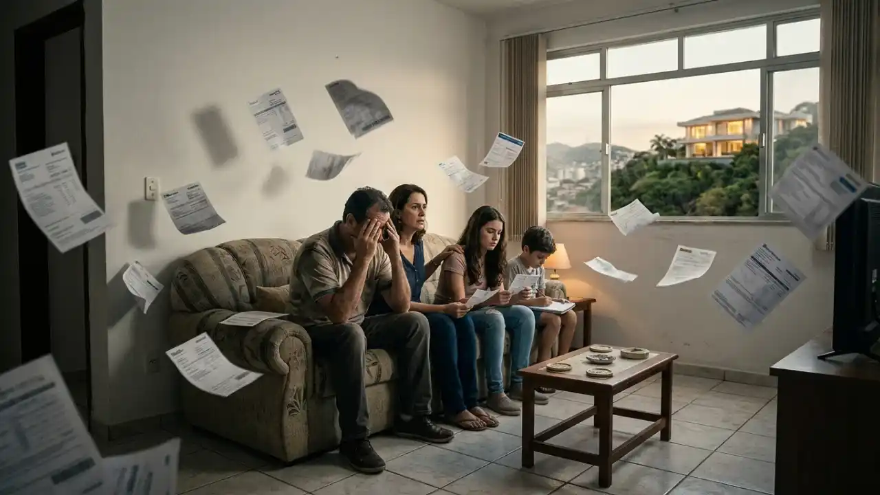 Família de quatro pessoas — pai, mãe e dois filhos — sentada em um sofá simples em uma sala de estar com iluminação melancólica ao entardecer. O pai está com a cabeça entre as mãos, demonstrando desespero, enquanto dezenas de contas de luz, água e faturas de cartão de crédito flutuam pelo ar como se estivessem caindo sobre eles. Pela janela, vê-se uma mansão luxuosa iluminada no topo de uma colina, criando um contraste social.
