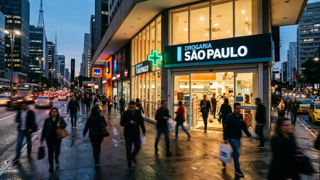 Vista externa de uma unidade da Drogaria São Paulo em uma esquina movimentada durante o anoitecer. A fachada é moderna, com amplas vitrines de vidro iluminadas, exibindo prateleiras organizadas de medicamentos e cosméticos. O logotipo da farmácia brilha em azul e branco, acompanhado de uma cruz verde neon de LED. Pessoas caminham pela calçada molhada e o tráfego de carros e ônibus é visível na avenida ao lado. Ao fundo, arranha-céus e uma placa do banco Itaú completam o cenário urbano.