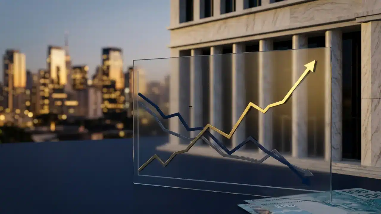 Uma placa de acrílico transparente exibindo um gráfico de linhas em primeiro plano, com uma linha dourada em forte ascensão e outra azul em queda. Ao fundo, um prédio clássico com colunas de mármore, sugerindo uma instituição financeira ou governamental, sob a luz do pôr do sol. No canto inferior, notas de 100 Reais são visíveis.